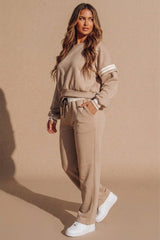 Stone Oversized Striped Sleeves Sweatshirt With Trouser Co Ord Set - Floranique