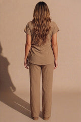Mocha Tie Side Relaxed Fit Top And Wide Leg Trousers - Cheese