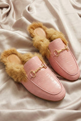 Baby Pink Faux Fur Lined Croc Mules - Maisie