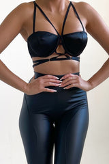 Black Satin Cup Detail Strappy Cross Over Bralette Top - Mavise