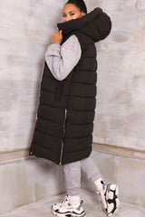 Black Sleeveless Longline Midi Zip Up Hooded Puffer Coat - Terri