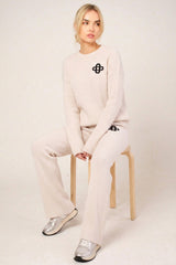 Beige  Ribbed Long Sleeve Logo Lounge Set – Monroe