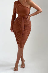 Chocolate One Shoulder Ruched Slinky Midi Dress - Savannah