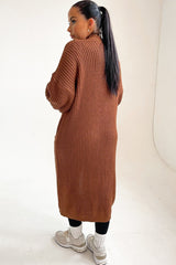 Chocolate Knitted Long Sleeve Pocket Detail Ribbed Cardigan - Leanne