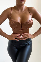 Chocolate Satin Strappy Cup Detail V Bar Corset Top - Dorte
