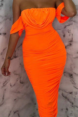 Neon Orange Bardot Cowl Neck Ruched Midi Dress - Malia