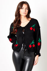 Black Cherry Print Knit Tie Front Cardigan- Misha