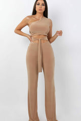 Beige Tie Front Slinky Wide Leg One Shoulder Jumpsuit - Heather