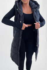 Black Sleeveless Longline Midi Zip Up Hooded Puffer Coat - Terri