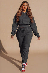 Charcoal Long Sleeve Cropped Fleece Hoodie & Cuffed Joggers Loungewear Set - Layla
