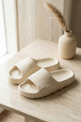 Cream Ribbed Platform Slide Sandals - Rava