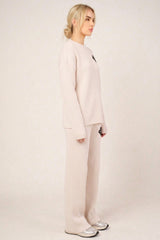 Beige  Ribbed Long Sleeve Logo Lounge Set – Monroe