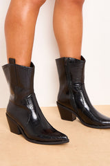Black Patent Croc Pointed Toe Chunky Block Heel Ankle Boots - Dakota