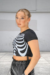 Black Skeleton Print Short Sleeve Crop Top – Harley