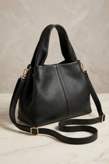 Black Textured Faux Leather Grab Bag With Shoulder Strap - Jimax