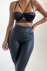 Black Satin Cup Detail Strappy Cross Over Bralette Top - Mavise