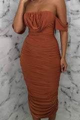 Rust Bardot Cowl Neck Ruched Midi Dress - Malia