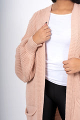 Dusty Pink Knitted Long Sleeve Pocket Detail Ribbed Cardigan - Leanne