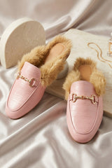 Baby Pink Faux Fur Lined Croc Mules - Maisie