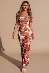 Rust Floral Print Strapless Bodycon Maxi Dress - Roselle