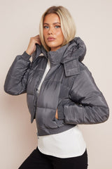 Charcoal Cropped Padded Long Sleeve Zip Front Shower Proof Jacket - Harper