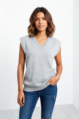 Grey V Neck Sleeveless Knitted Vest- Hanya