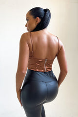 Chocolate Satin Strappy Cup Detail V Bar Corset Top - Dorte