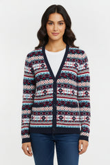 Navy Multi Fair Isle Print Button Up Cardigan - Kira