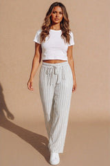 White Stripe Drawstring Wide Leg Trousers- Kilyan
