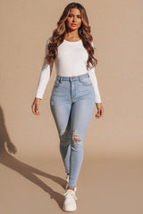 Light Blue Wash Distressed High Waisted Skinny Jeans - Bellyan