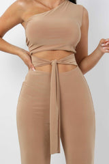 Beige Tie Front Slinky Wide Leg One Shoulder Jumpsuit - Heather