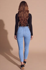 Light Blue Wash High Waisted Button Detail Skinny Jeans- Zenkina