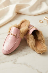 Baby Pink Faux Fur Lined Croc Mules - Maisie