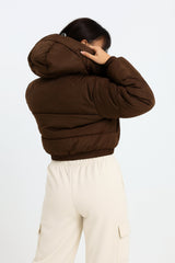 Chocolate Brown Cropped Padded Long Sleeve Zip Front Shower Proof Jacket - Harper