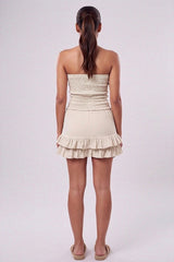 Beige Shirred Bandeau Frill Hem Playsuit-Lureva