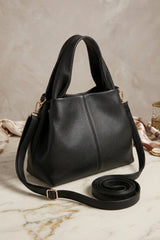 Black Textured Faux Leather Grab Bag With Shoulder Strap - Jimax