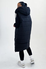 Black Sleeveless Longline Midi Zip Up Hooded Puffer Coat - Terri