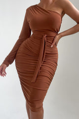 Chocolate One Shoulder Ruched Slinky Midi Dress - Savannah