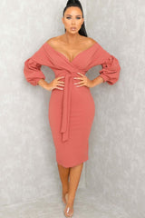 Pink Belted Bodycon Midi Dress  - Angelica