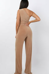 Beige Tie Front Slinky Wide Leg One Shoulder Jumpsuit - Heather