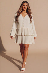 Beige Oversized Pleated Frill Tiered Mini Dress- Cashy
