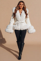 Ivory Faux Fur Trim Belted Coat - Clonax