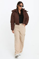 Chocolate Brown Cropped Padded Long Sleeve Zip Front Shower Proof Jacket - Harper