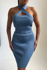 Dusky Blue Knitted Cut Out Crossover Halter Neck Bodycon Mini Dress - Elena
