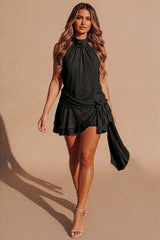 Black High Neck Floral Detail Frill Hem Mini Dress -Mayan