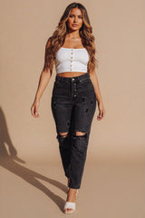 Black Distressed Reversible Fly Button Jeans - Sandrella