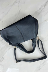 Black Textured Faux Leather Grab Bag With Shoulder Strap - Jimax