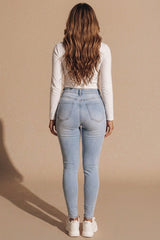 Light Blue Wash Distressed High Waisted Skinny Jeans - Bellyan