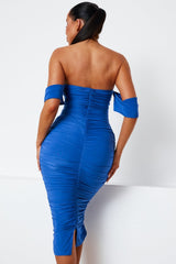 Royal Blue Bardot Cowl Neck Ruched Midi Dress - Malia
