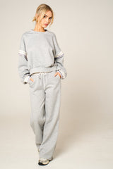 Grey Oversized Striped Sleeves Sweatshirt With Trouser Co Ord Set - Floranique